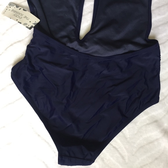 🛍 One-piece Navy Swimsuit Deep V Blue Tie - Picture 6 of 9